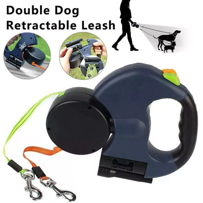 Dual Pet Leash Retractable Reflective Lead 360 Swivel Double Dog Walking Leash